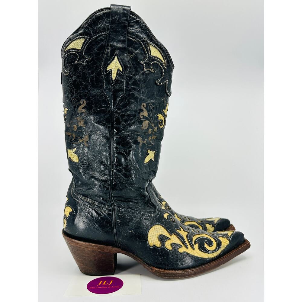 Corral Women's Black Leather Bone Vintage Lizard Overlay Western Boots Size 6.5